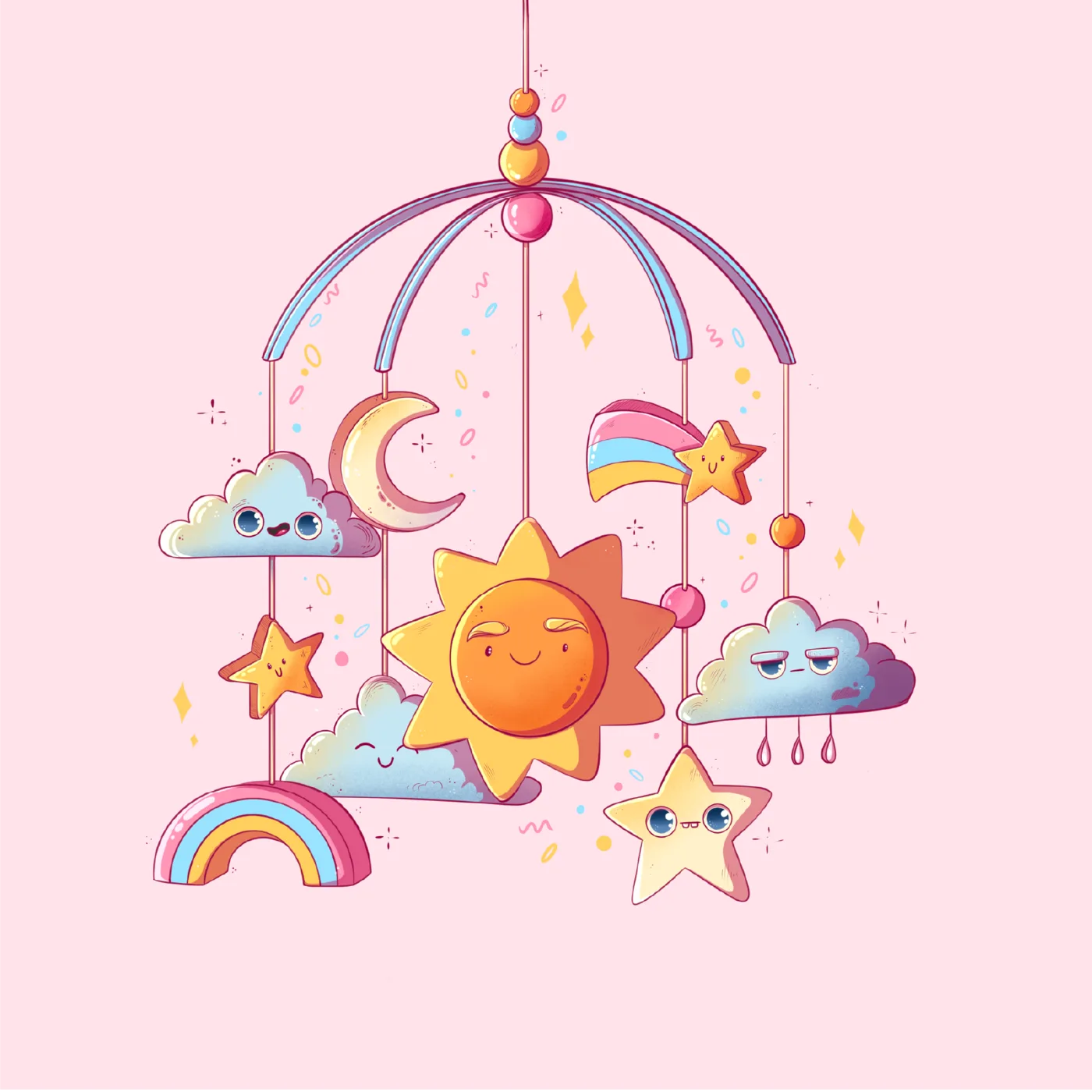 Baby mobile with smiling sun, moon, stars and clouds — illustration by Lizy Del Busto